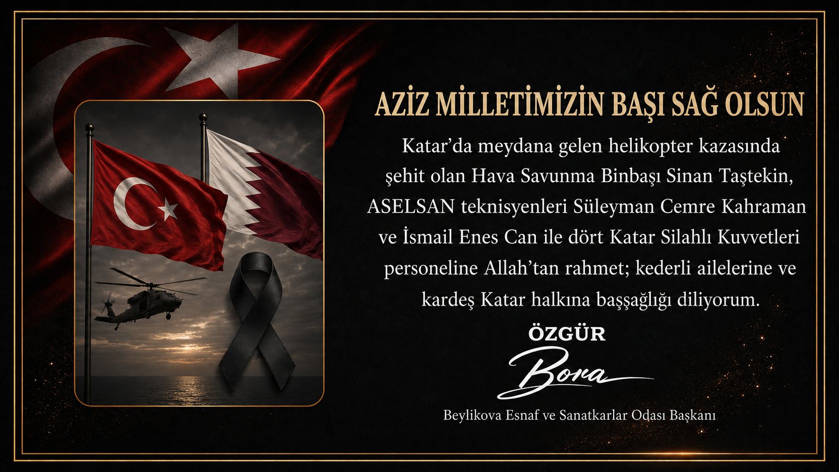 Başkan Özgür Bora’dan Katar’daki Helikopter Kazası İçin Taziye Mesajı