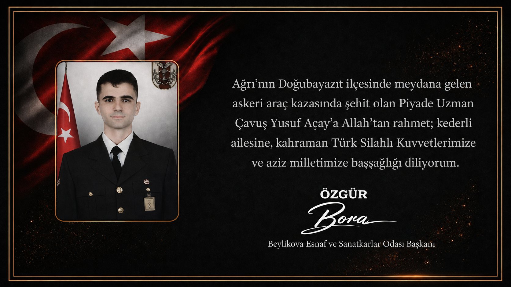 Başkan Özgür Bora’dan Şehit Piyade Uzman Çavuş Yusuf Açay İçin Taziye Mesajı