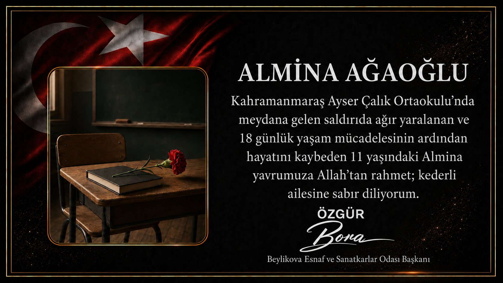 Başkan Özgür Bora’dan Almina Ağaoğlu İçin Taziye Mesajı