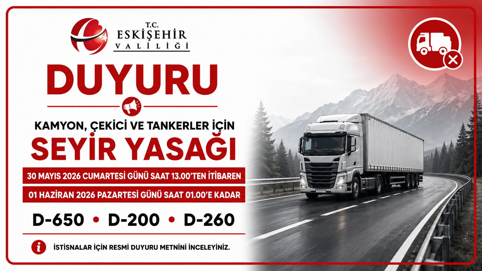 Kurban Bayramı Öncesi Kamyon, Çekici ve Tankerlere Seyir Yasağı