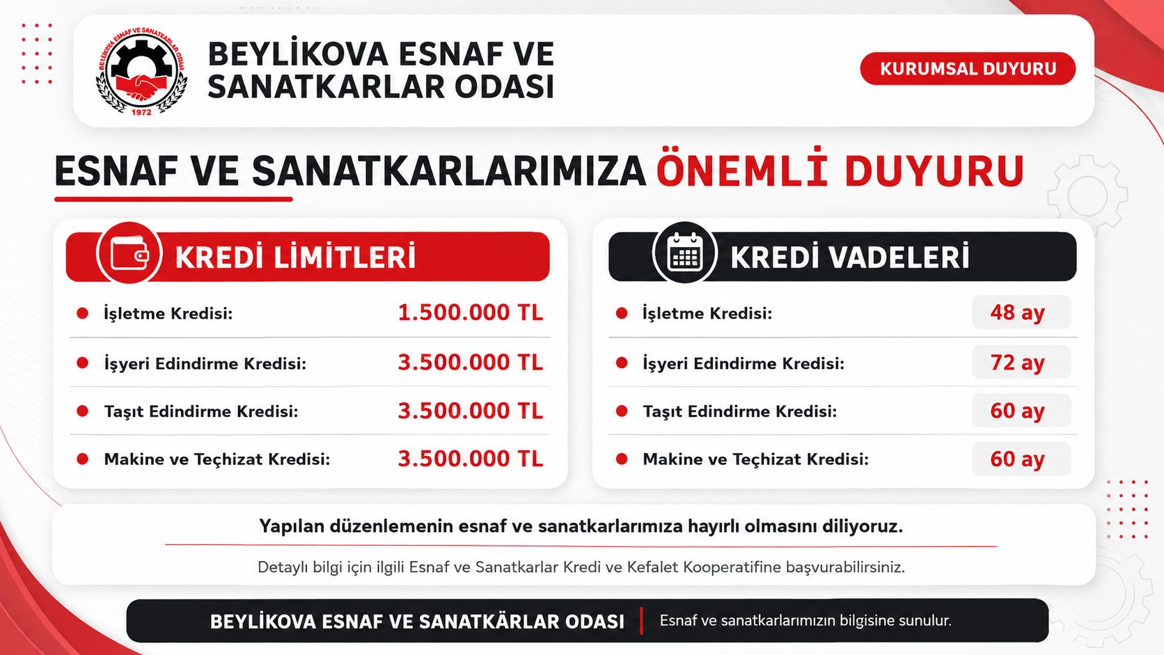 Esnaf ve Sanatkarlarımıza önemli duyuru